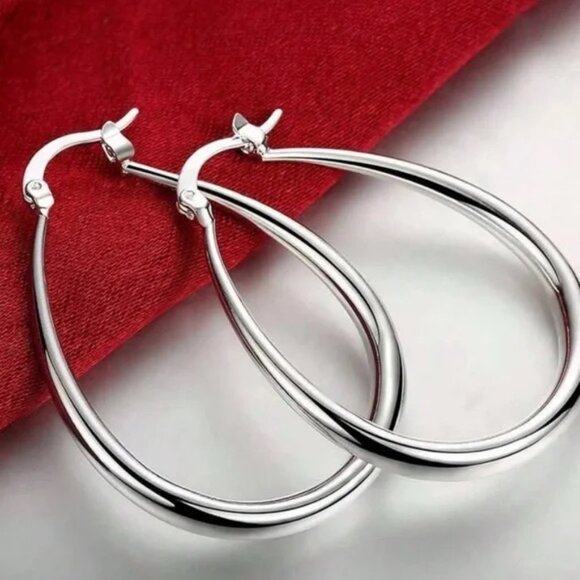 SILVER 925 41 mm Drop Shape Hoop Earrings - Picture 3 of 4